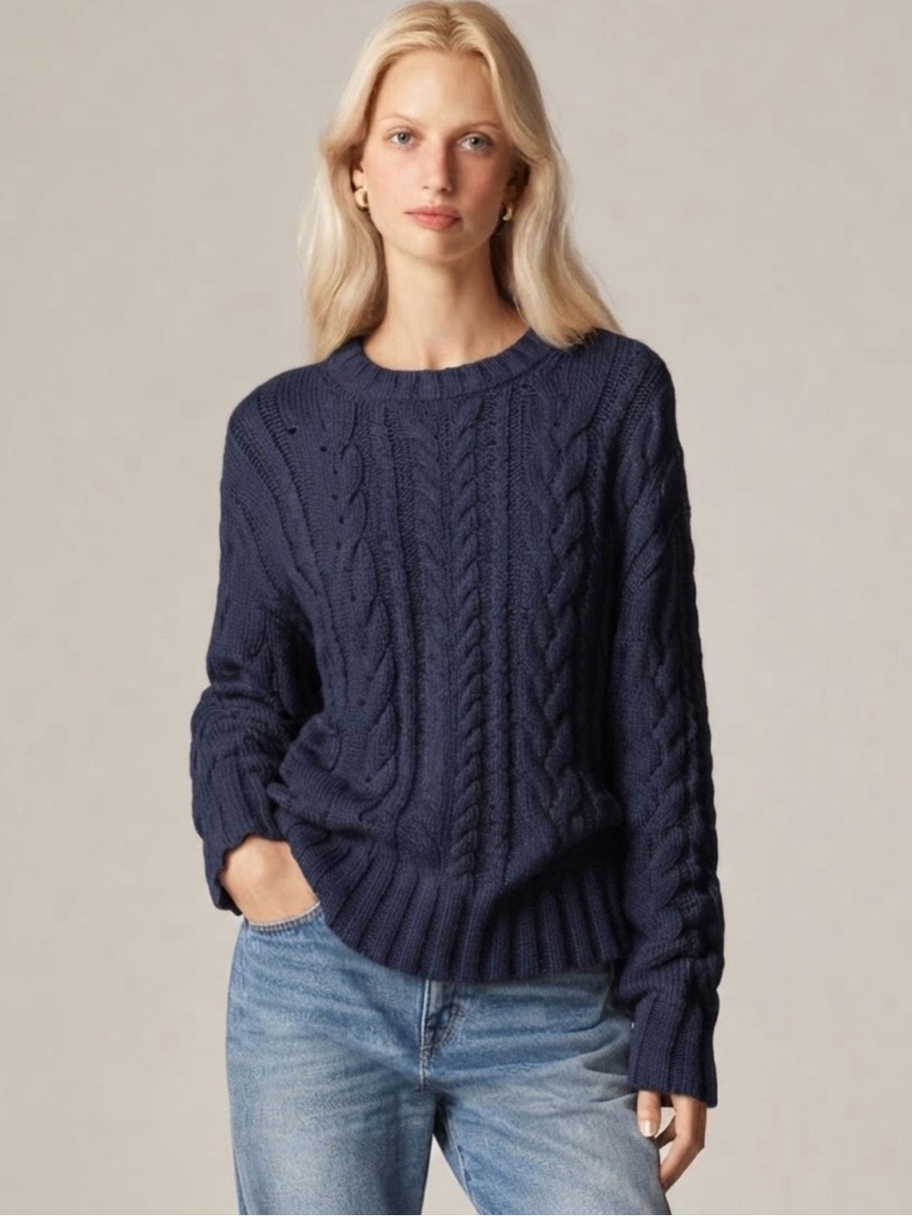 J. Crew Navy Blue Speckled Cable Knit Crewneck Sweater